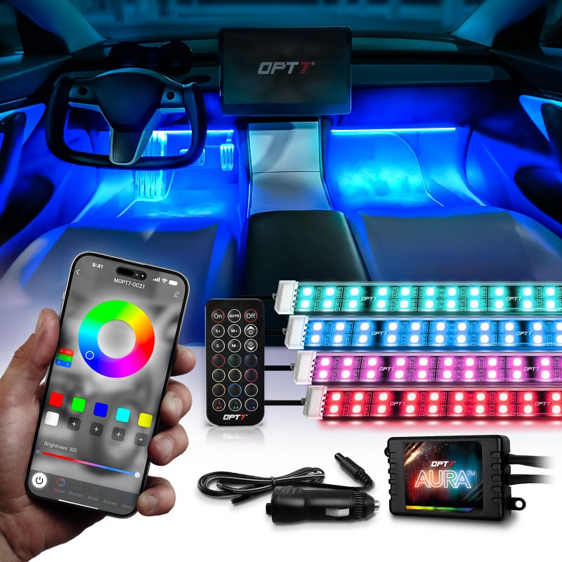 OPT7 Aura Pro 4PC Double LED Interior Car Strip Lights with APP & Remote Control, Multicolor Mode, Sound Active Neon Accent Lighting Kit, Footwell Floor Inside Decor Accessories, 12V Charger Adapter - Image 1